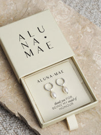 Silver freshwater pearl hoop earrings presented in an Aluna Mae gift box with a “thank you for being my maid of honour” message.