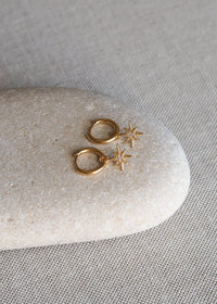 Close-up gold star cubic zirconia hoops displayed on a pebble stone.