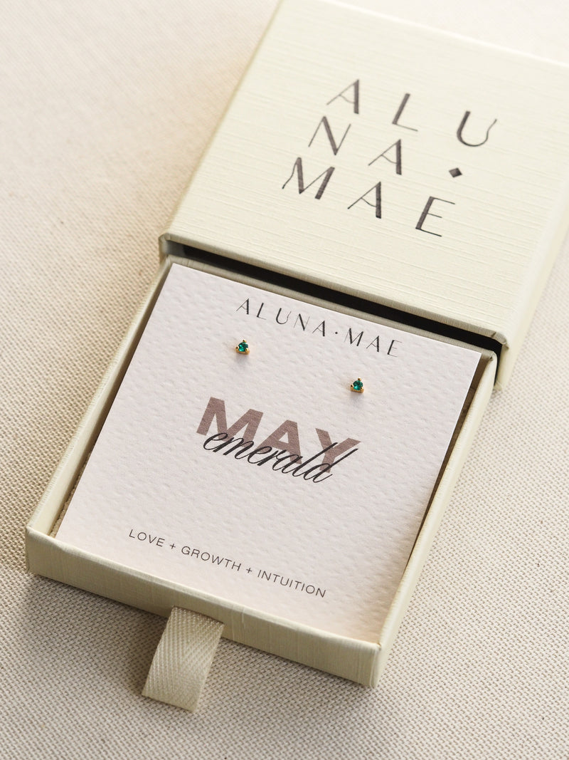 May Emerald CZ Birthstone Gold Stud Earrings