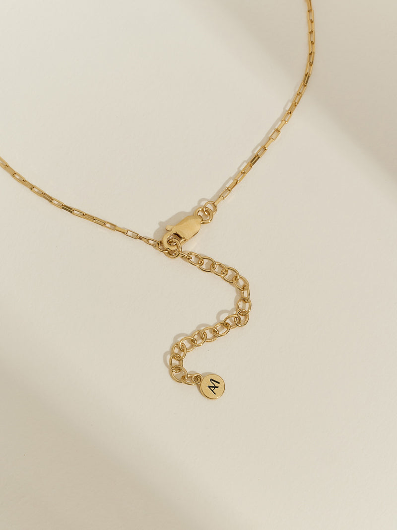 Close-up of a gold box chain necklace with extender chain and Aluna Mae logo tag.